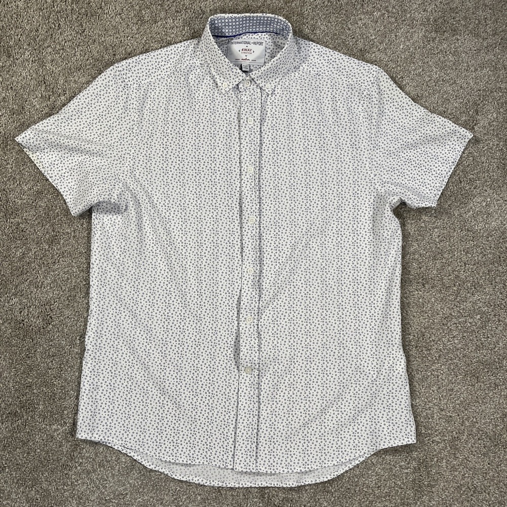 International Report Mens Button Down Shirt Size M Geometric White 4 Way Stretch